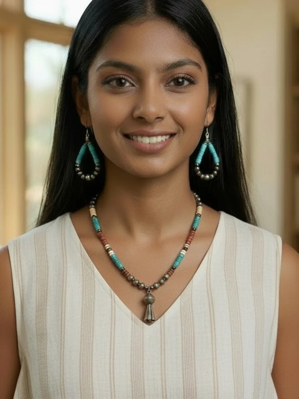 Turquoise Sterling Silver Navajo Pearls Squash Blossom Bell Pendant Necklace - Picture 6 of 8